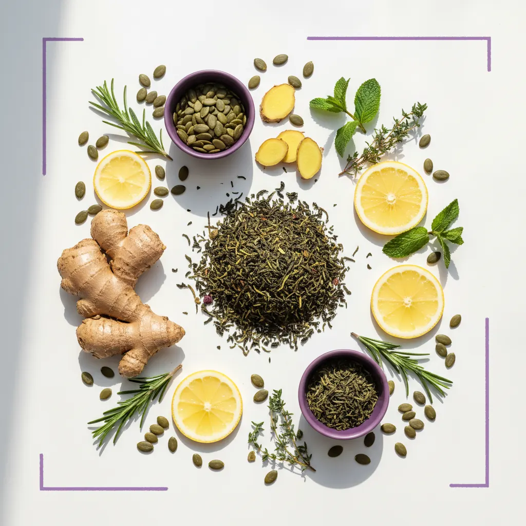 Botanische ingrediënten - groene theeblaadjes, pompoenzaden, citroen, kruiden op witte ondergrond
